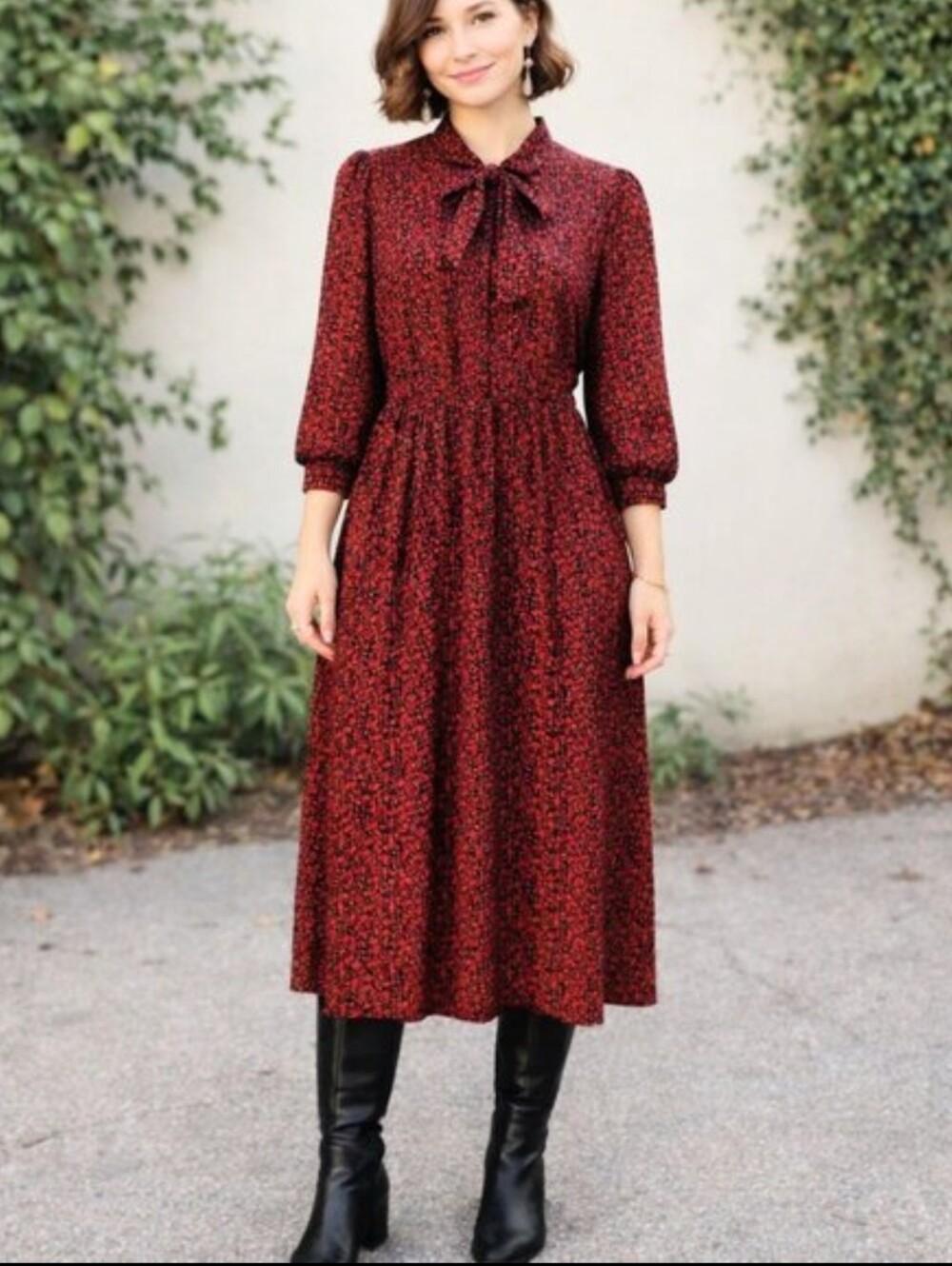 Vtg Sabino 70s Cottagecore Red & Black Floral Bow Neck Secretary Midi Dress LP